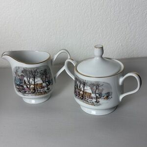 Avon Currier and Ives Set Christmas sugar and creamer set with box porcelain